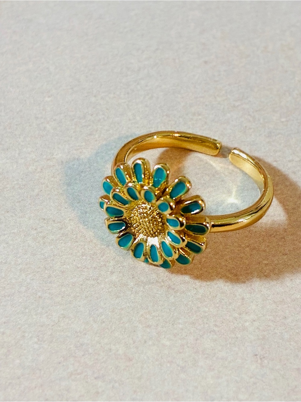 Gold Daisy Ring with Teal Enamel Petals